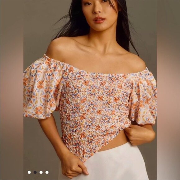 Anthropologie Dolan Orange Motif Off-Shoulder Textured Top Size Large Smocked - Picture 1 of 12